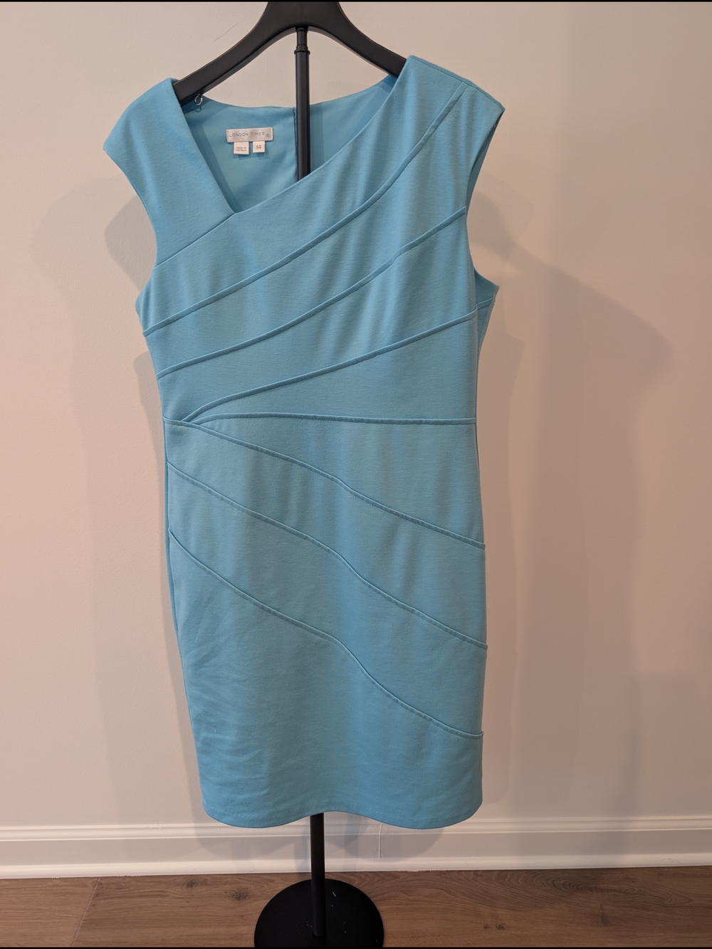 London Times Sleeveless Light Blue Ponte Sheath Midi Dress Size 14